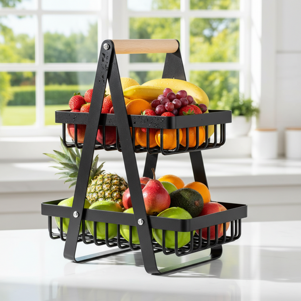 A two-tier black metal fruit basket with a light wood handle, filled with fresh fruits like bananas, strawberries, grapes, pineapple, and apples, set on a white countertop in front of a bright window.